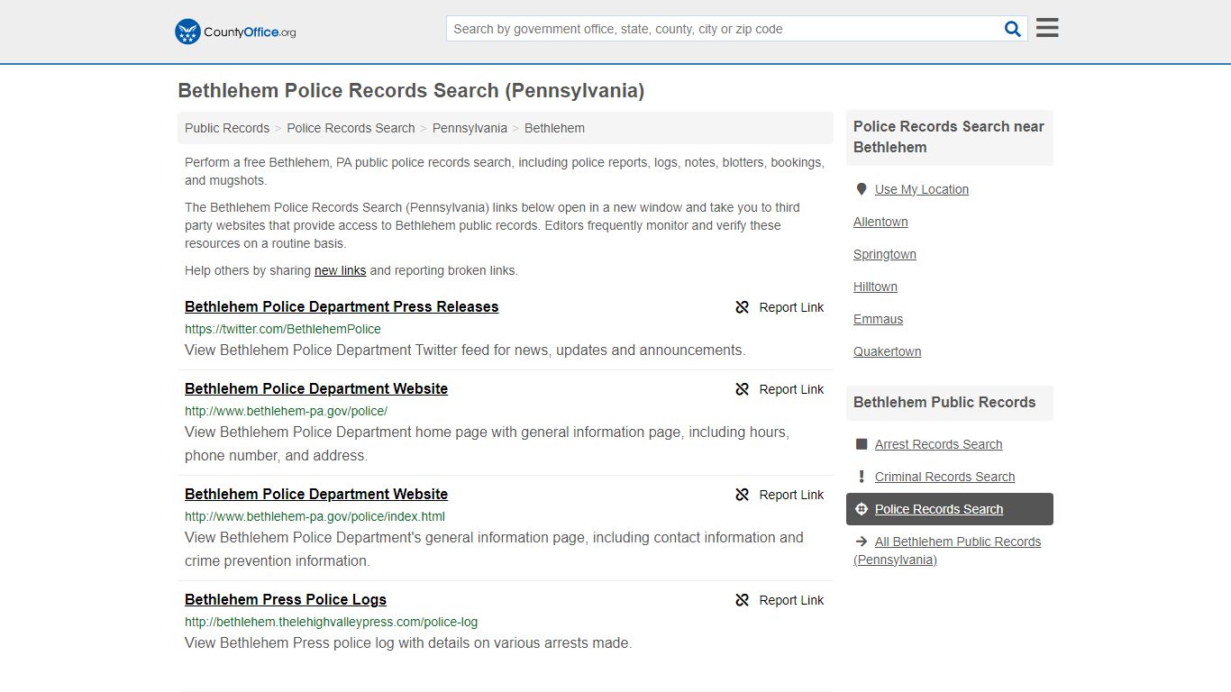 Bethlehem Police Records Search (Pennsylvania) - County Office